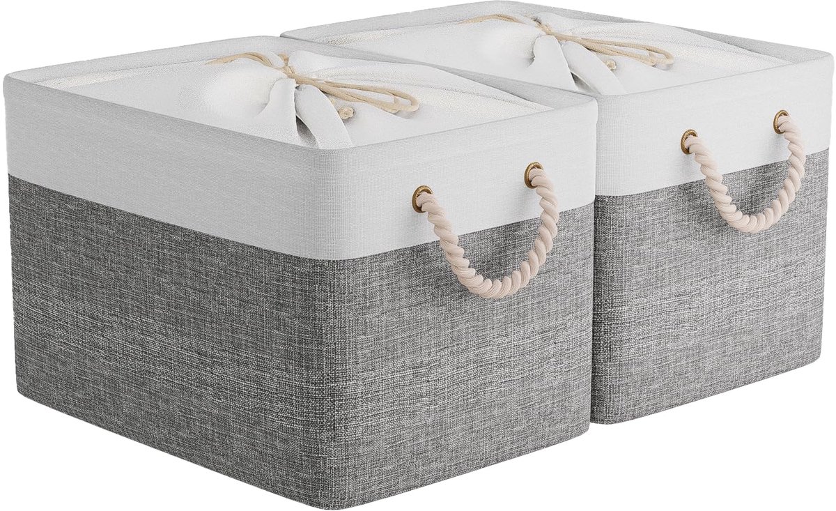 Ibenzoa® Stijlvolle en Ruime Stoffen Opbergmanden met Trekkoordsluiting en Handgrepen - Set van 2, Wit/Grijs