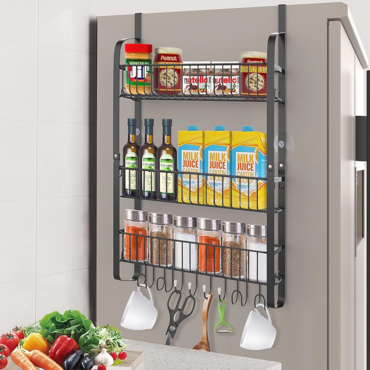 Hangend Koelkastrek met 3 Niveaus en 8 Haken – Ideaal voor kruiden en Keukengerei