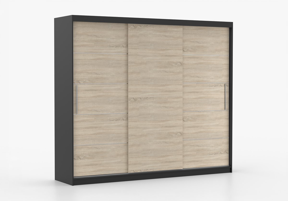 Schuifdeurkast ELBA II – 3-deurs kledingkast, legplanken en kledingroede – modern design – 250x218x61 cm - ELBA II (Zwart + Sonoma)