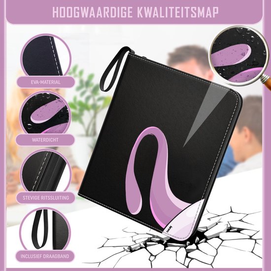 Zwarte map met paarse curve detail, waterdicht, ritssluiting, draagband.