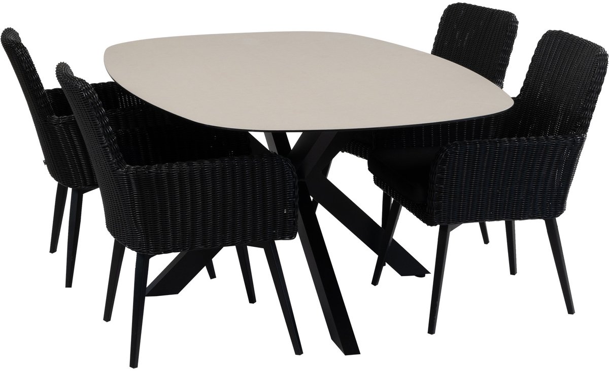 5-delige tuinset | 4 Pisa tuinstoelen (Black) | Tuintafel Malaga 180x115cm (Black)