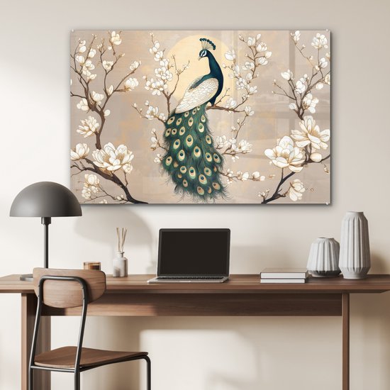 MuchoWow® Tableau sur verre 120x80 cm - Tableau sur verre acrylique - Paon - Branche - Fleurs - Photo sur verre - Décoration murale salon - Décoration murale chambre - Peintures