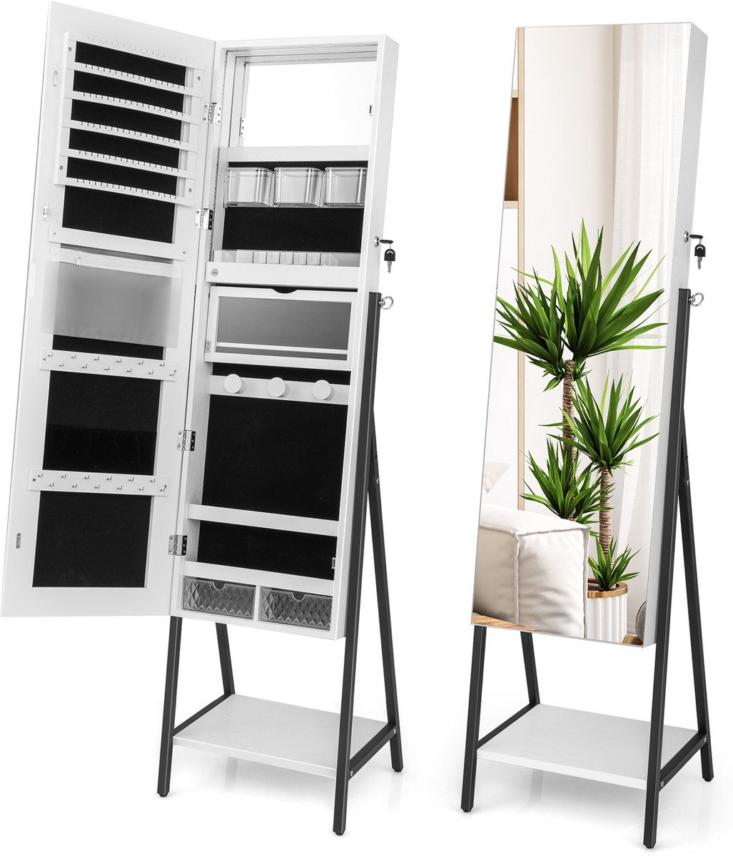 COSTWAY Sieradenkast met spiegel, sieradenspiegelkast met 3-kleurige ledverlichting, afslu
