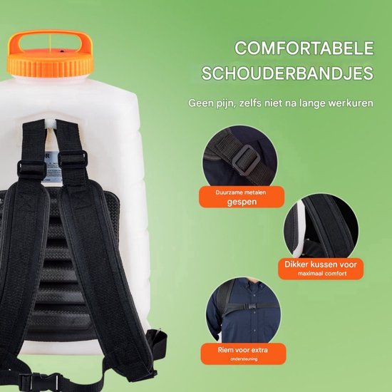 Tuinsproeier Rugspuit - Buitenrugspuit - voor Onkruidbestrijding en Reiniging - Verstelbare druk - 4 Gallon Tank - Wit & Oranje van Kinzo Garden — afbeelding 3