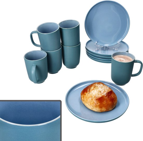 Service petit-déjeuner Jasper bleu océan 12 pièces pour 6 personnes en grès - 6x 414271 + 6x 414356