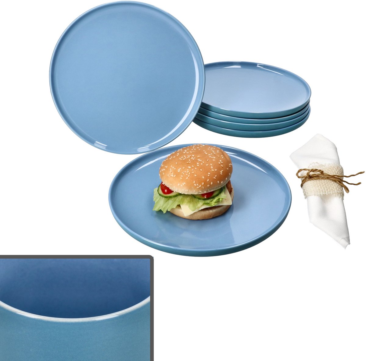 Set van 6 Jasper oceaanblauwe aardewerk dinerborden - 414363