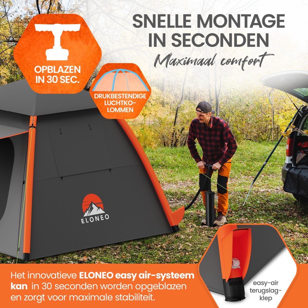 ELONEO Opblaasbare Camping Tent voor 2–4 Personen met Luifel, 250x250x190cm – foto 8