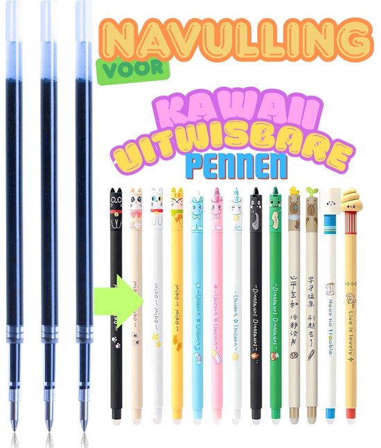 Ainy - 3x Blauwe Inkt - Navullingen voor schattige kawaii uitwisbare pennen series: Capybara - Katten - Dino - Unicorn - WC-roll en Poepie uitgumbare balpennen