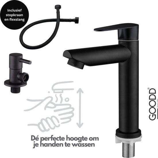 GOODD® Toulon - Fonteinkraan - Toiletkraan - Koudwaterkraan - Wc kraan - Zwart - Met zwart nylon aansluitslang en Hoekstopkraan