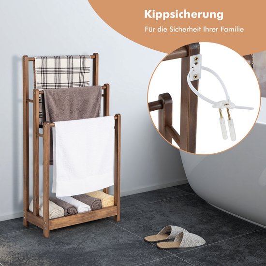 Costway Handdoekenrek Vrijstaand, Handdoekhouder Hout Met 3 Handdoekstangen Onderste Plank Kantelbeveiliging Droogrek Bruin Voor Badkamer Hotels Grijs 1167106307