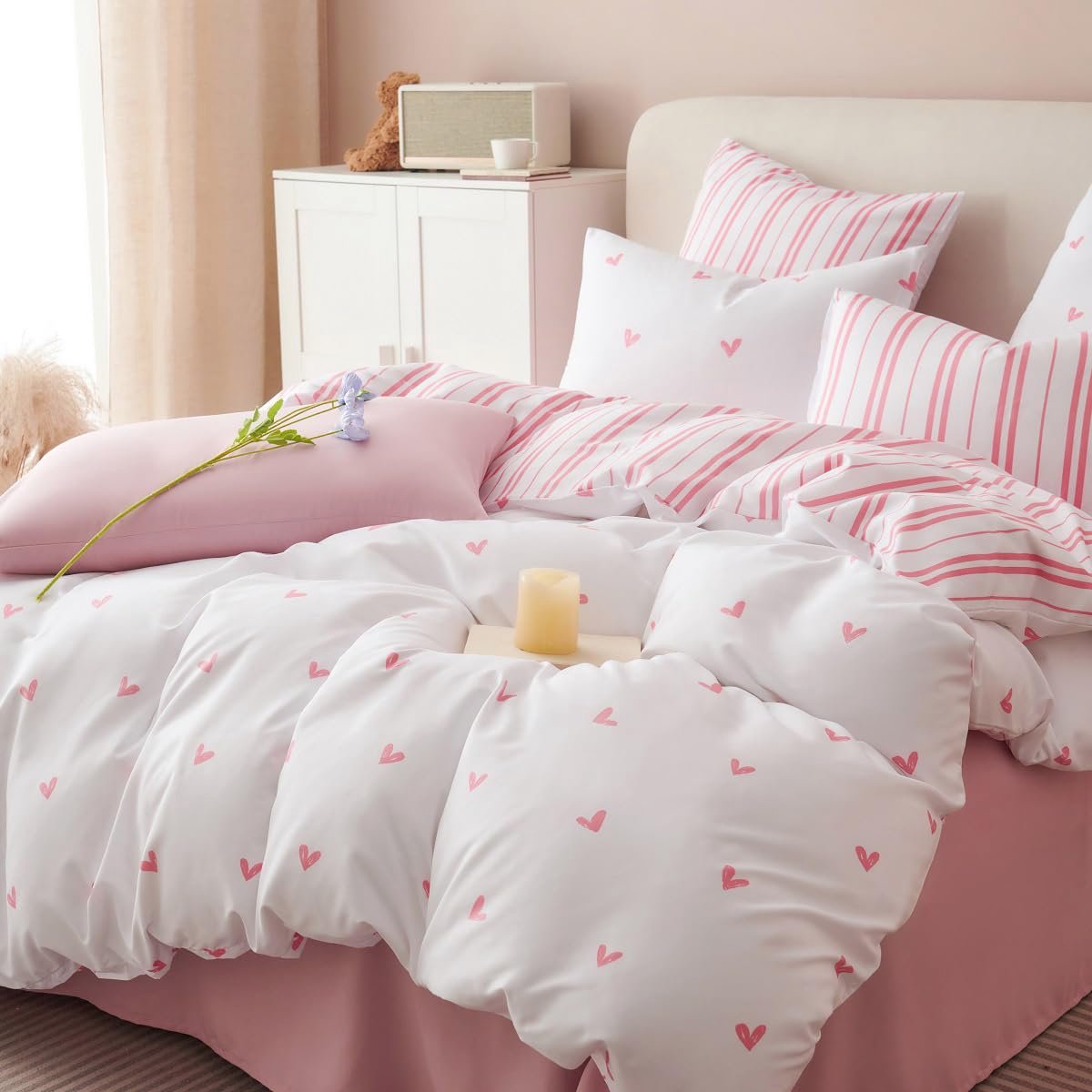 Unyqoos Beddengoedset van Zacht Microvezel met Hartjesmotief en Ritssluiting voor Kinderen, Meisjes en Volwassenen 135 x 200 roze wit