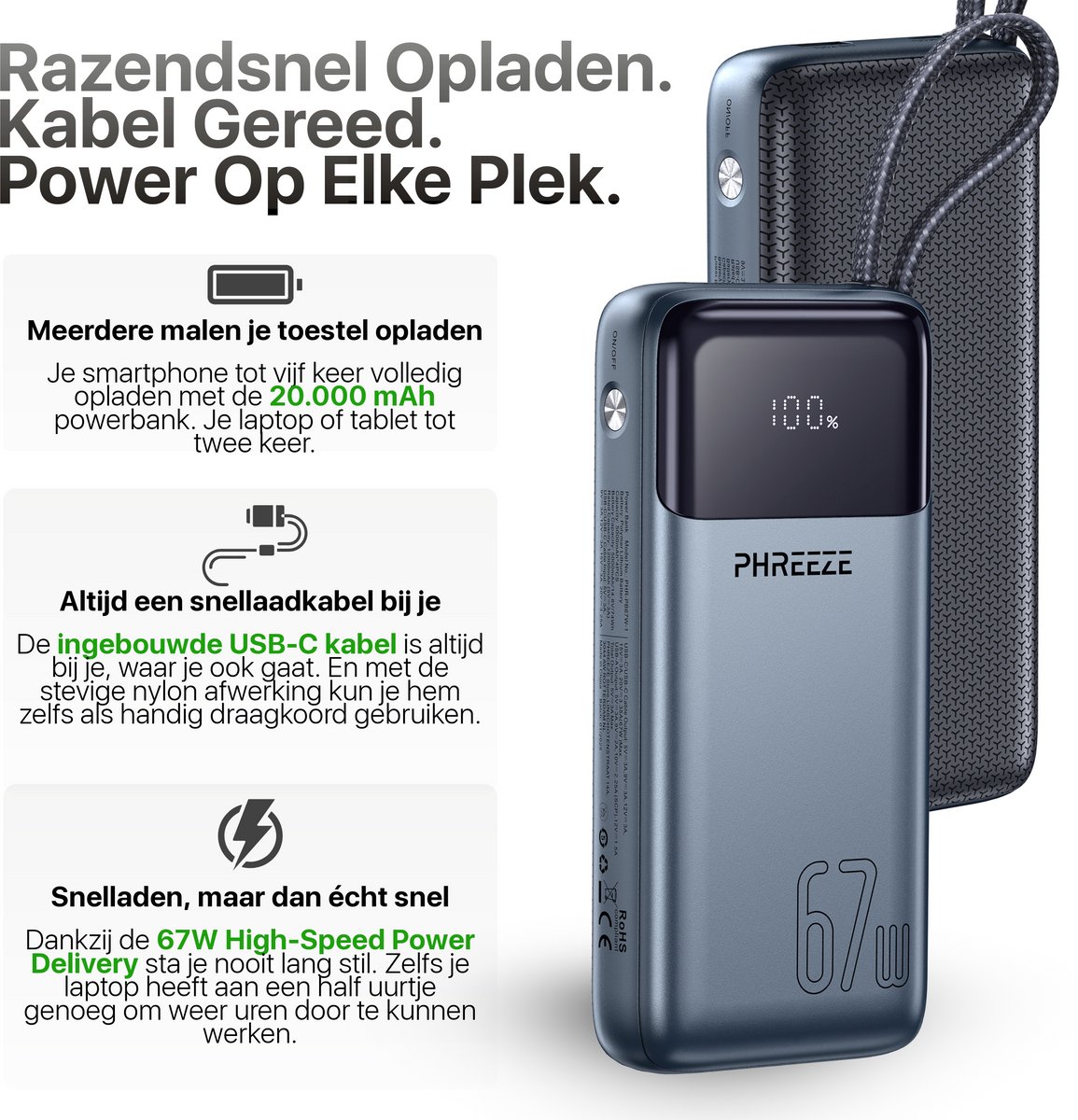 Phreeze 67W Powerbank 20000 mAh met Vaste USB-C Snellader Kabel - Draagbare Oplader voor Laptop, Telefoon, Tablet - Externe Accu - Power Bank 20000mah — cadeau in Gadgets - foto 7