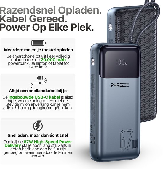 Batterie externe Phreeze 67 W 20 000 mAh avec câble USB-C fixe pour charge rapide – Chargeur portable pour ordinateur portable, téléphone, tablette – Batterie externe compatible avec MacBook, iPhone et Samsung – Batterie Power 20 000 mAh