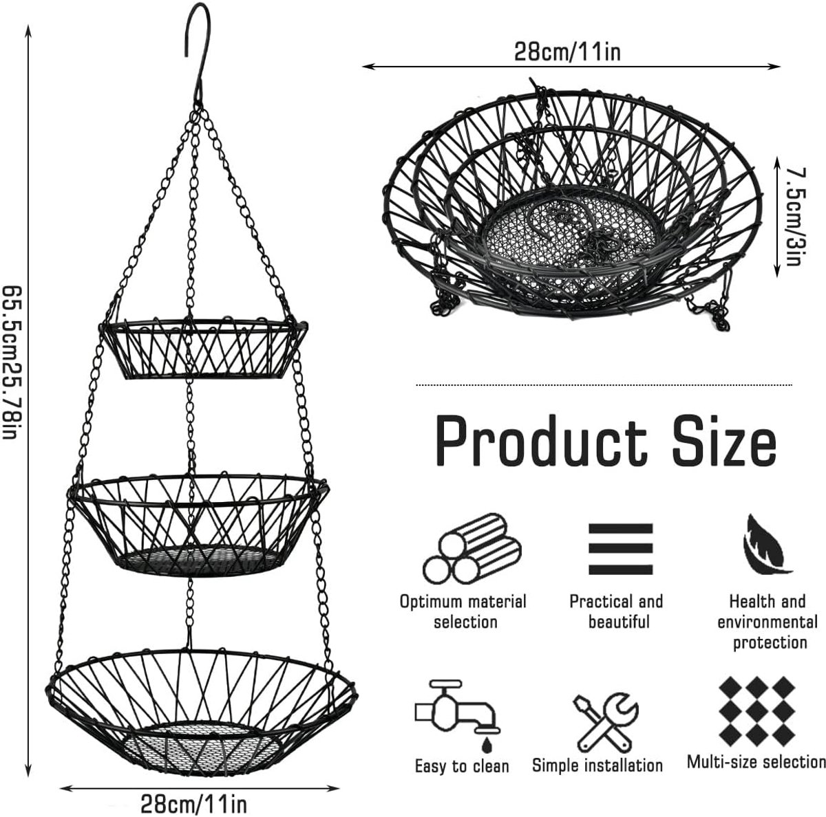 Corbeille à Fruits Suspendue Com-four - 3 Paniers Métal Noir Réglables Pour Cuisine Gain De Place