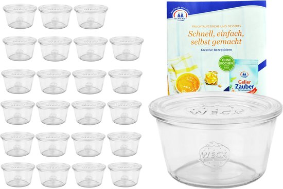 MamboCat Set van 24 weckpotten, 350 ml, rood geruit deksel 82 en receptenboekje Diamant Gelierzauber