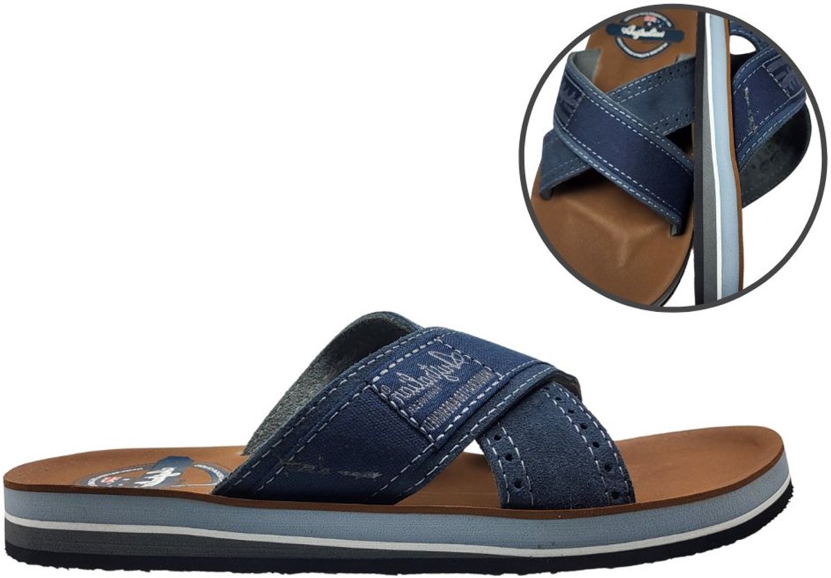 Stravers - Kruisband Slippers Heren Kleine Maten Slippers Blauw Maat 36