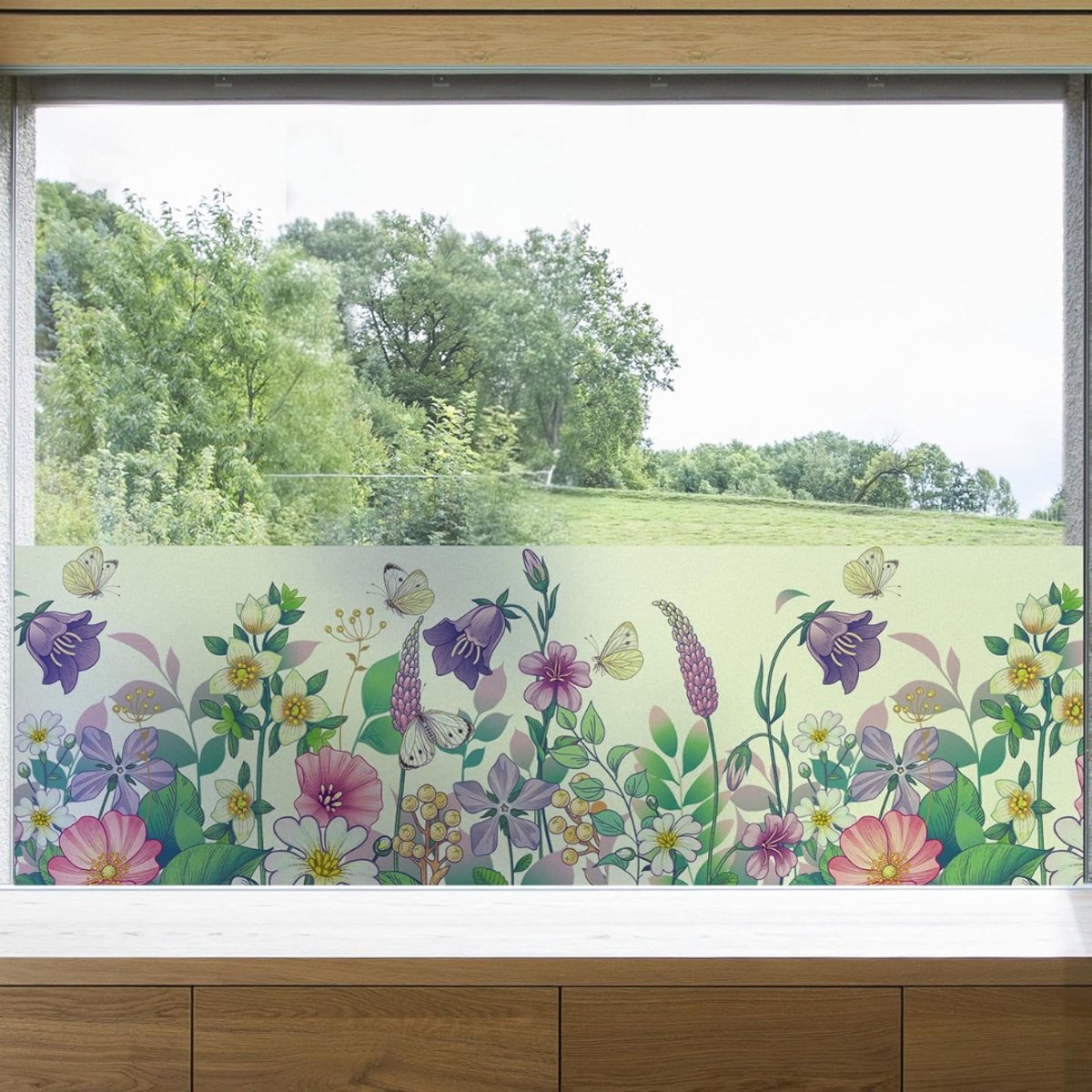 GTB® Raamfolie Bloemen - Raamfolie Glas in Lood - Raamfolie Vlinders - Kleurrijk Slas in Lood - ‎45cm x 200cm x 0.01cm