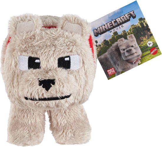 Een zachte, beige pluche wolf met een vierkante, zwart-wit geborduurde snuit en rode accenten achter de oren.