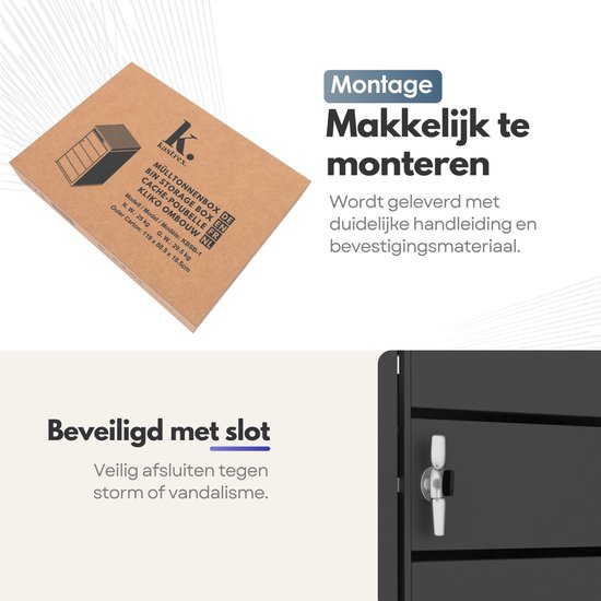 Zwarte containeropslagkast met open klapdeksel en een close-up van het slot met de tekst 'Beveiligd met slot'.