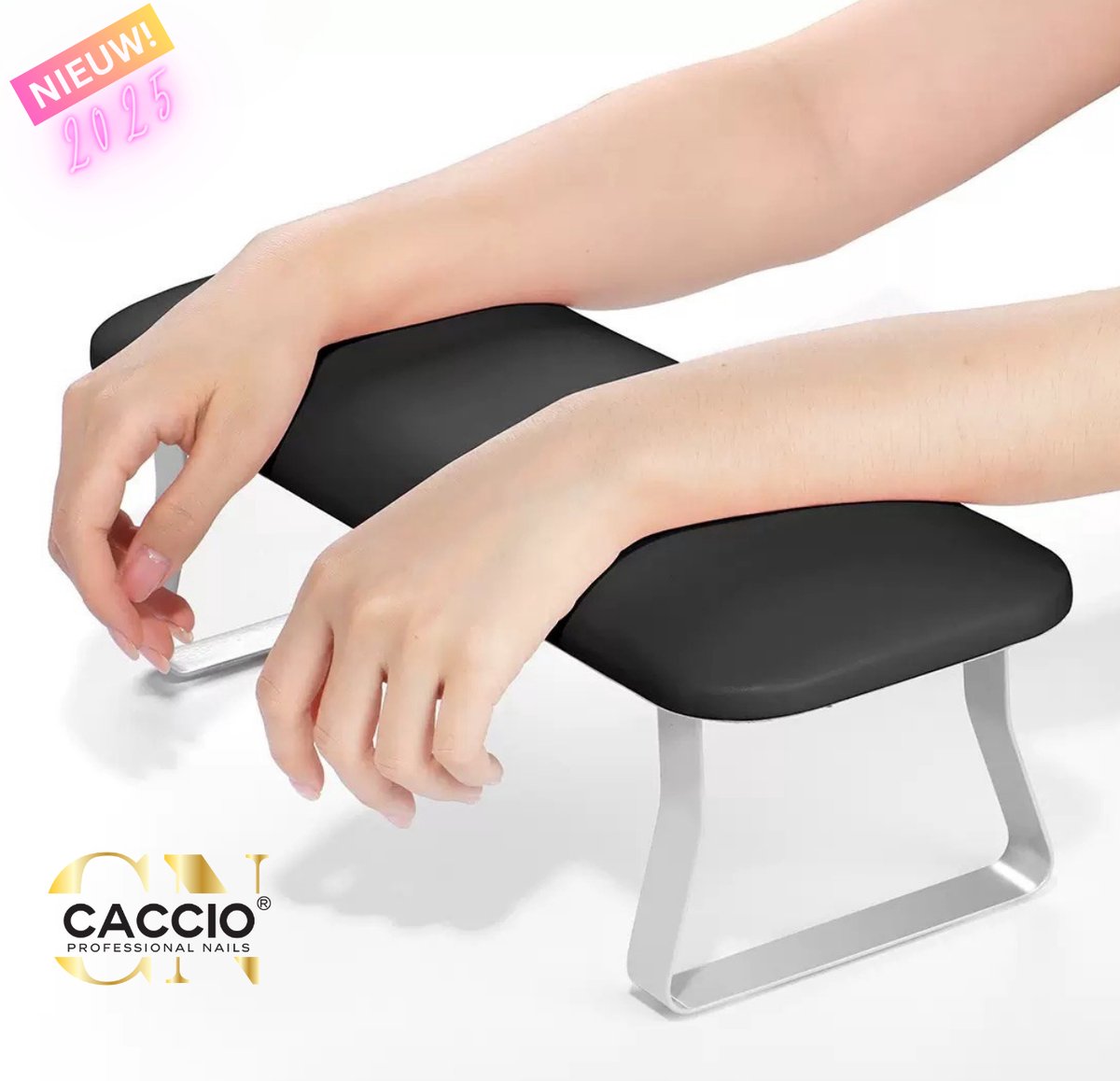 Nagel Handkussen – Nagel armsteun - Handarmsteun - Ergonomische Armsteun voor Manicuretafel – Zwart met Roestvrijstalen Poten – nagelkussen - manicure armsteun - handsteun voor nagelsalon - armkussen manicure-NIEUW 2025 Model