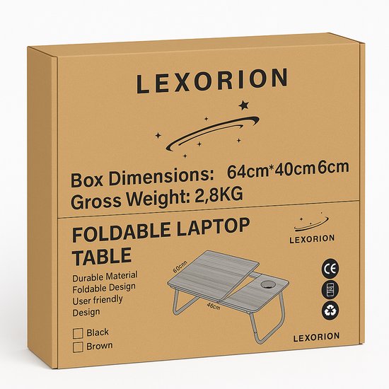 Lexorion opvouwbare laptoptafel, met afmetingen en gewicht vermeld.