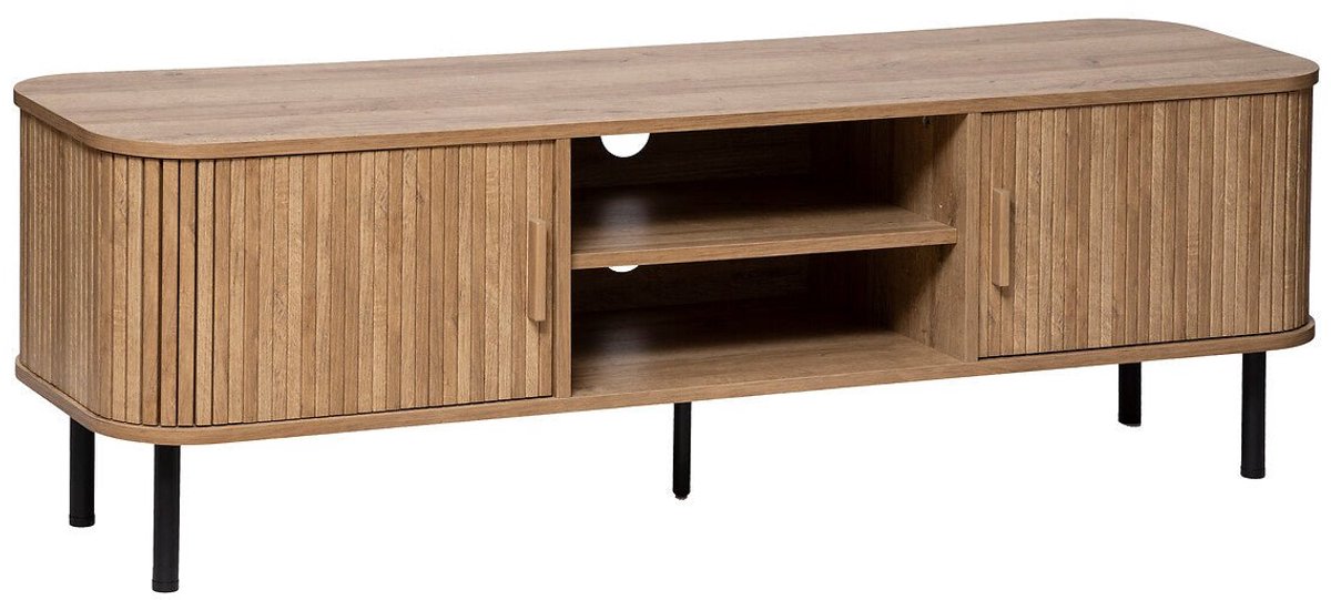 Salontafel Industrieel Hout met 2 Deuren - Industrieel Tv Meubel Hout -Bijzettafel Rond Industrieel - Industrieel Tv Kast Hout - Bijzettafels Rond Zwart/Bruin - Bijzettafel Hout Industrieel - 140x40x46cm