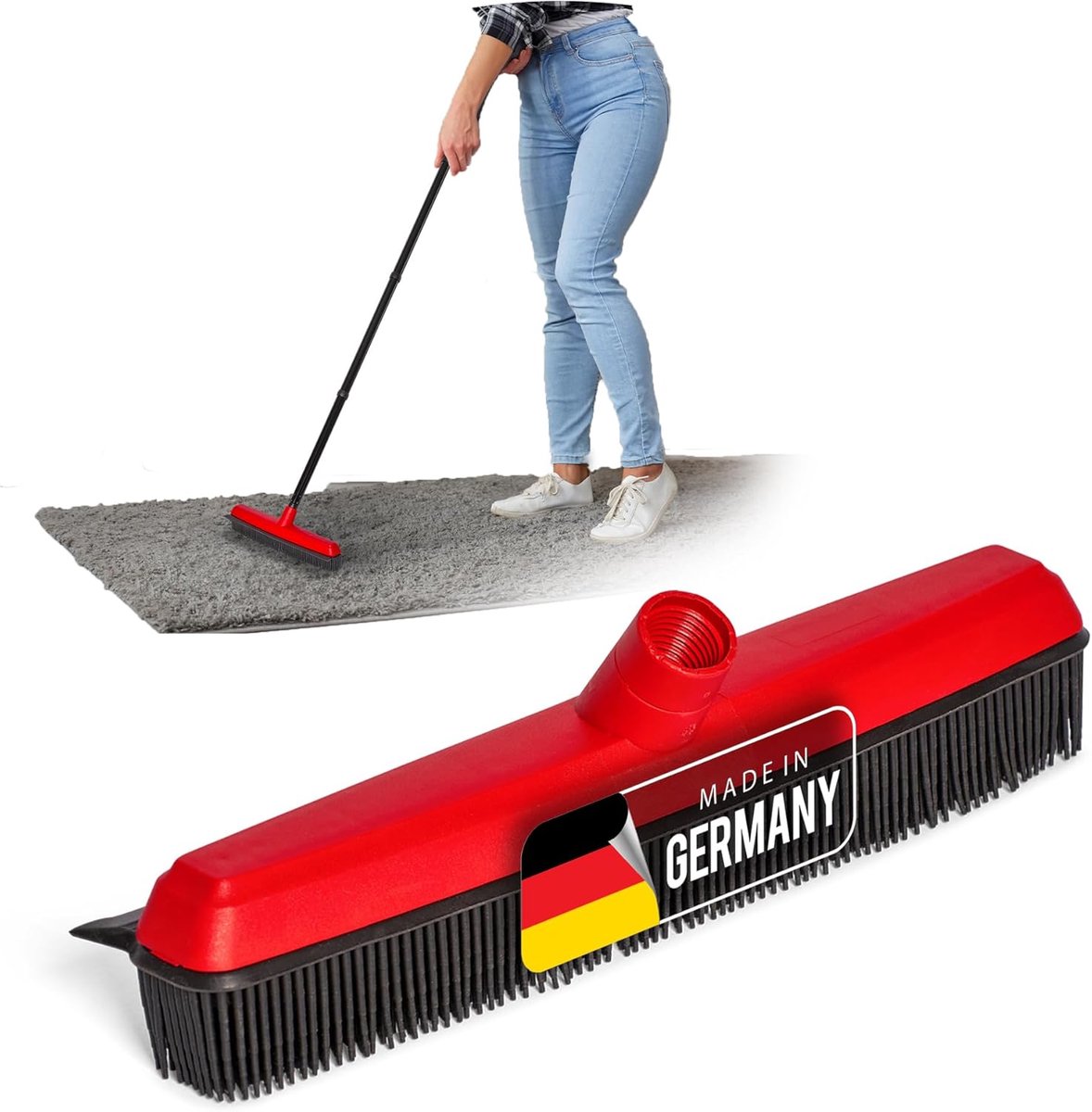 Rubberen bezem met wisser, bezemkop, rubberen kappersbezem, zwarte knopbezem, hondenhaarverwijderaar, bezem, parketbezem voor binnen, tapijtbezem, vloerwisser, huishoudbezem, wonderbezem