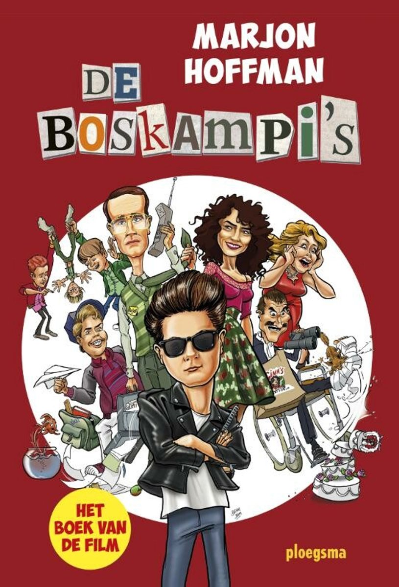 Boekomslag met karikaturen van de personages uit De Boskampi's. Centraal staat een jongen met zonnebril en leren jas. Achter hem staan verschillende volwassenen en kinderen.
