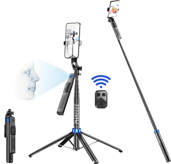 Perche à selfie Phreeze XXL avec suivi automatique - Trépied 180 cm + Trépied + Perche à Selfie - Compatible iPhone et Samsung - Zwart