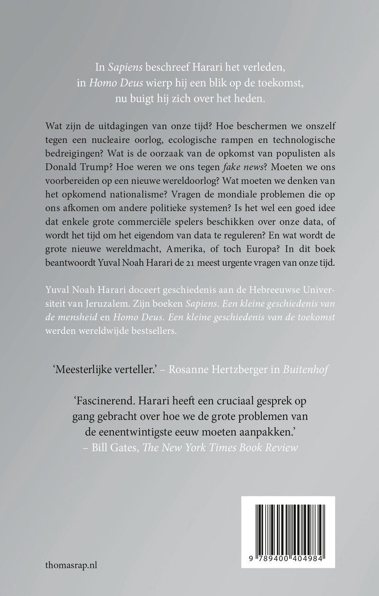 Boekomslag met tekst over '21 lessen voor de 21ste eeuw' door Yuval Noah Harari. Diverse citaten en de barcode.