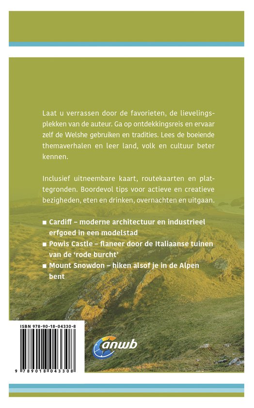 Achterkant reisgids Wales met beschrijving, ISBN en ANWB-logo. Toont Mount Snowdon met tekst.