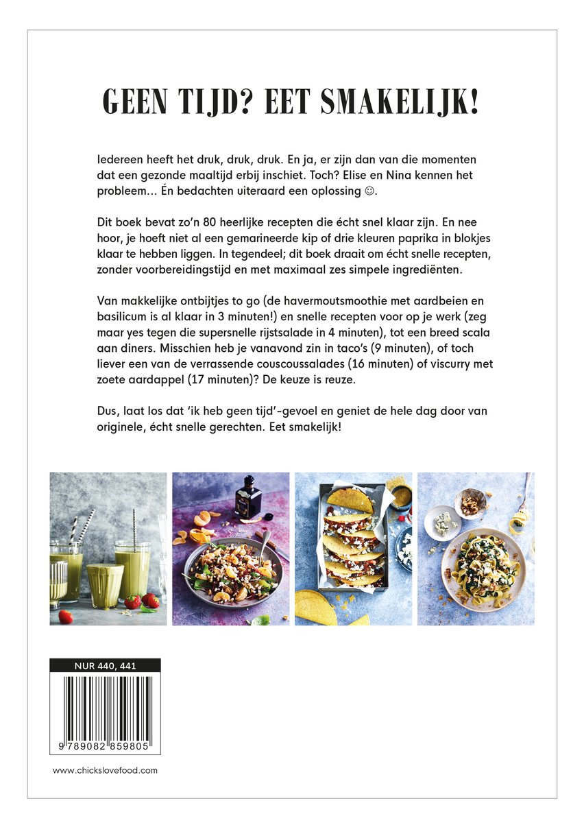 Een boek met snelle recepten, vier foto's van maaltijden: groen drankje met aardbeien, salade met vijgen en walnoten, taco's, vis met groenten.