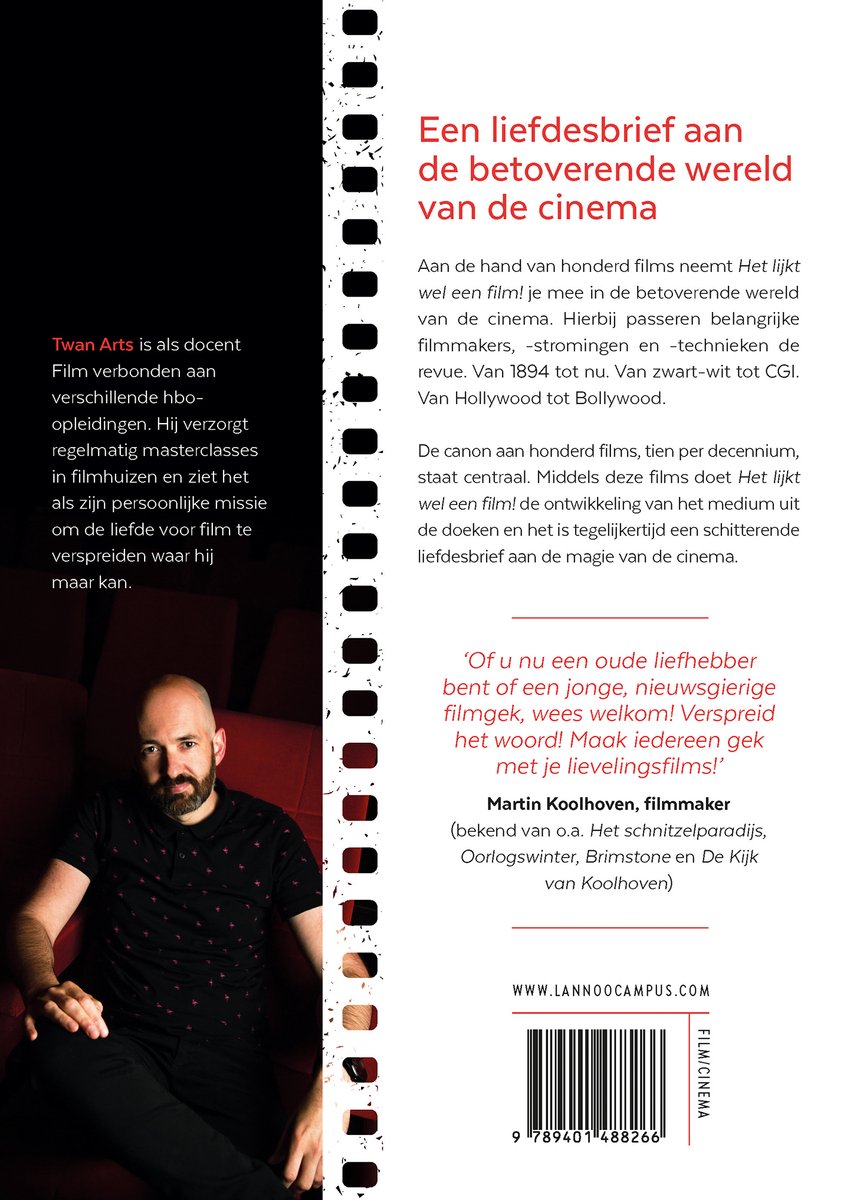 Un livre intitulé 'Een liefdesbrief aan de betoverende wereld van de cinema'. Une photo d'un homme barbu, et du texte sur Twan Arts et Martin Koolhoven.