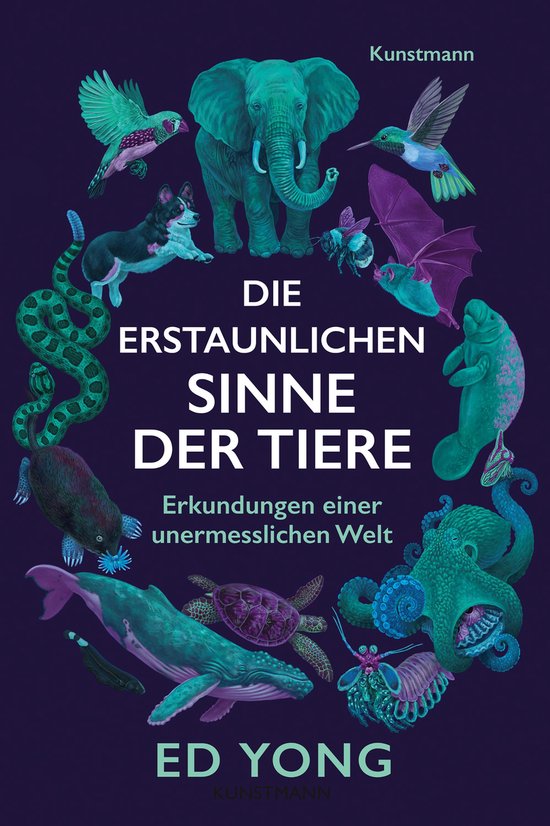 Boek 'Die erstaunlichen Sinne der Tiere' met een blauwe achtergrond en een cirkel van dieren: olifant, slang, hond, kolibrie, vleermuis, zeekoe, octopus, walvis, schildpad en insecten.
