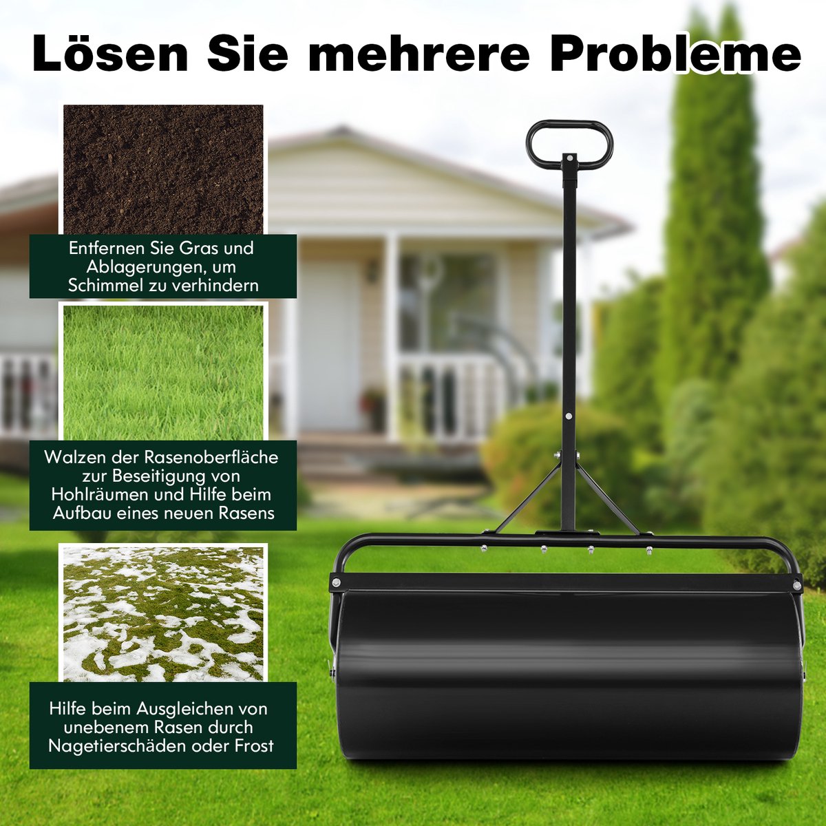 COSTWAY Gazonwals, Handwals, 63 Liter, Tuinwals Met Handvat Oe 30 Cm Vulbaar Water Zand Zware Trommel Grasroller Gazonroller Voor Vlakken Gazon Tuin Groen 1012758073