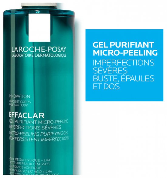 La Roche-Posay Effaclar micro-peeling zuiverende gel, geschikt voor ernstige onzuiverheden op gezicht, borst, schouders en rug.