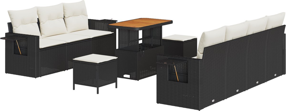 vidaXL - Tuinbank - Set - met - kussen - 10 - pcs - Zwart - poly - rattan