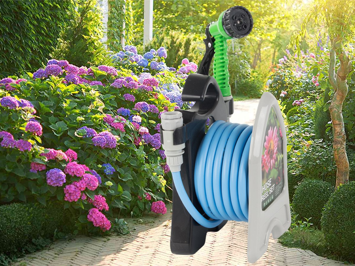 Tuinslang 10 Meter met Standaard – Inclusief 7-in-1 Spuitpistool – Compact, Lichtgewicht en Weerbestendig Hoge Druk tuinslanghaspel - tuinslang gardena - tuinslang koppelingen – Blauw - 65311 – foto 5