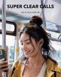 Jonge vrouw met groene oordopjes, kijkend naar haar telefoon. "SUPER CLEAR CALLS"