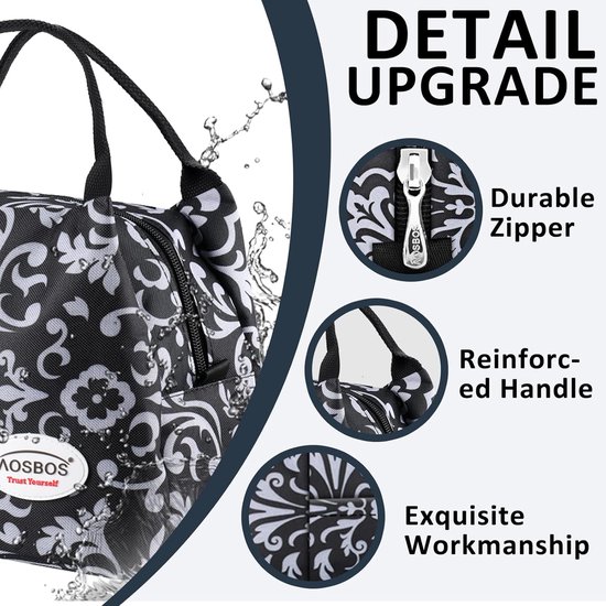 Kleine koeltas voor onderweg, lunchtas, opvouwbare lunchtas, koeltas, lunchtas, picknicktas, mini-koelbox, lunchtas, isolatietas, maalvoorbereiding, ritssluiting, 8,5 l, bloemen, zwart van Klein — afbeelding 2