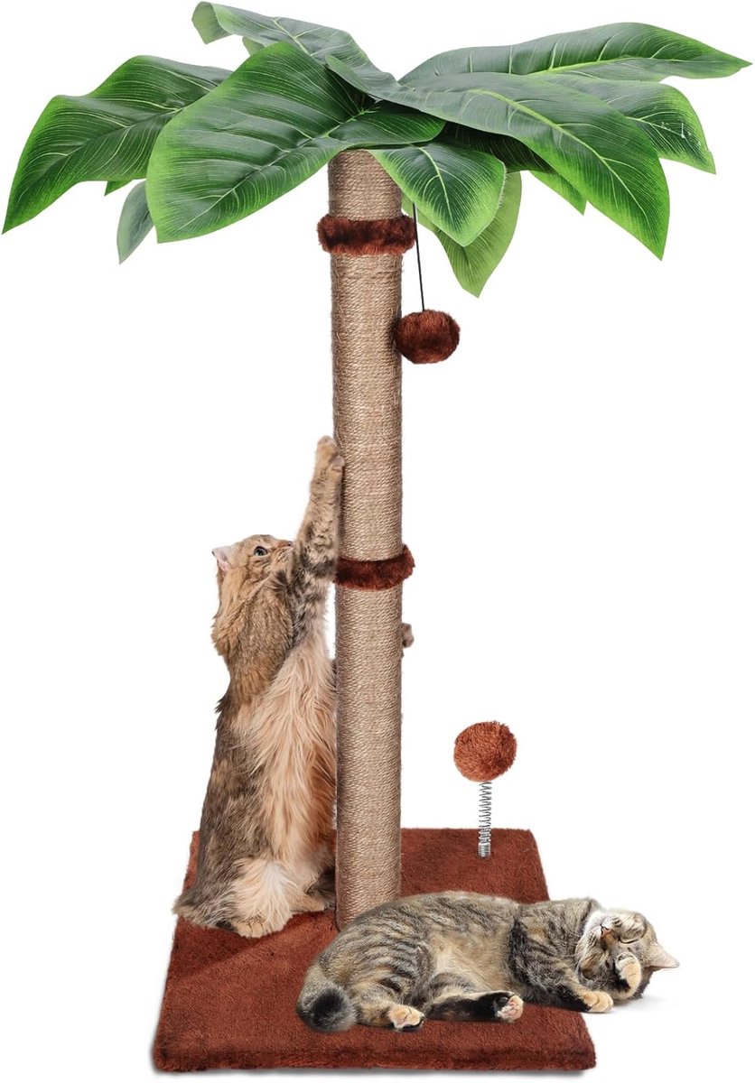 Krabpaal voor katten, krabpaal van natuurlijk sisaltouw met 2 interactieve ophangballen en veerbalspeelgoed, klimboom voor katten om in huis te spelen – 80 cm hoog
