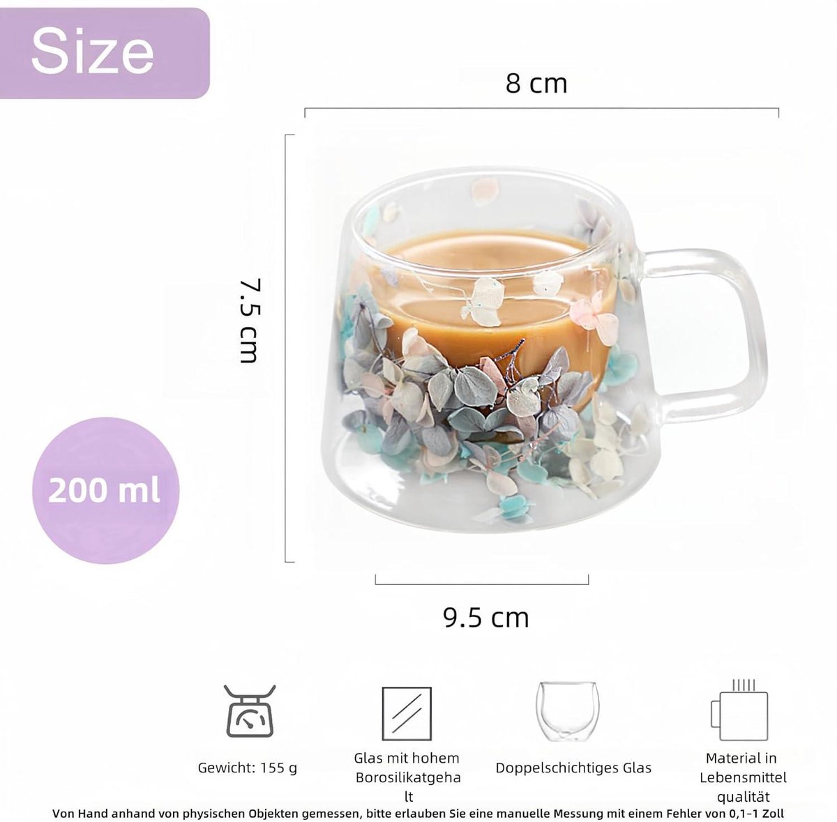 Dubbelwandige glazen met handvat, 250 ml, set van 4 stuks, houdt warmte