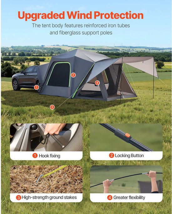 SUV Tent voor Kamperen - 10 ft L x 10 ft B. Een Waterdichte (PU2000 mm) Ruime Dubbellaagse Tent voor 5-8 personen. Wordt Geleverd met Luifel, Gaasramen van Veerbruun — afbeelding 4