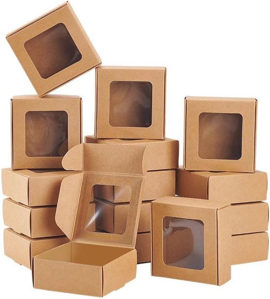 15 Stuks Witpapier Kraft Bakkerij Gebaksdozen met Vensters, 17,8x10,9x3