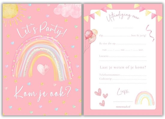 Uitnodiging Kinderfeestje Regenboog Roze - 10 stuks Incl Enveloppen - Party Thema - Uitnodigingskaarten - Uitnodiging Kinderfeestje Meisje - Uitnodiging Verjaardag - Kinderfeestje - Uitnodiging Regenboog