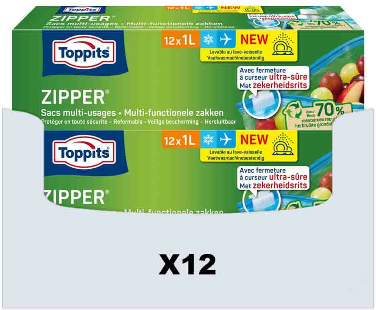 Toppits Zipper Multi-Functionele Zakken 1 liter - 12 x 12 stuks - Voordeelverpakking
