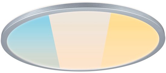 Rond LED paneel met zilverkleurige rand toont drie lichtkleuren.
