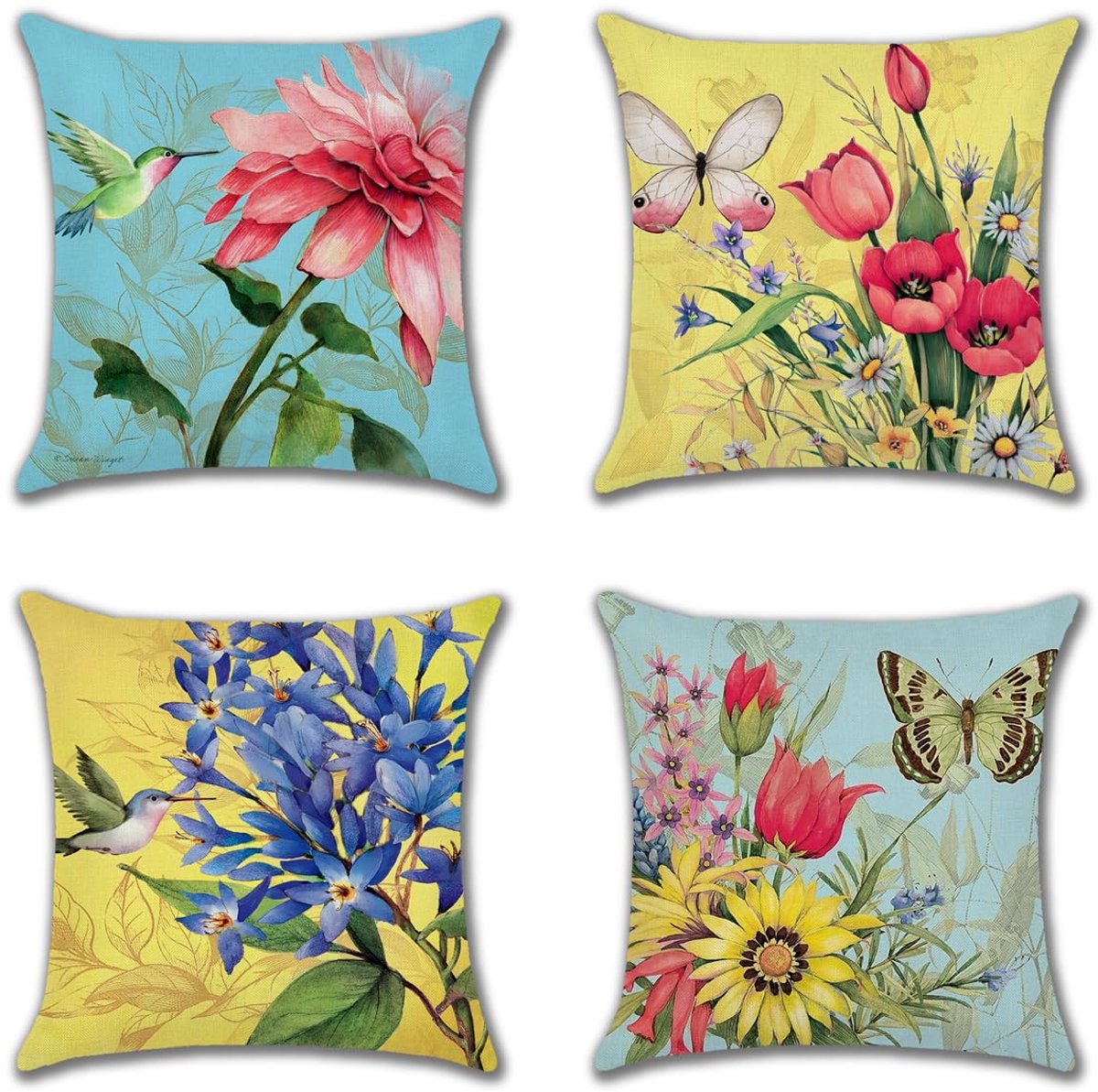 Ibenzoa Set van Vier Waterbestendige Decoratieve Kussenhoezen voor Binnen- en Buitendecoratie met Bloemen, Vogels en Vlinders bloemen vogels vlinder
