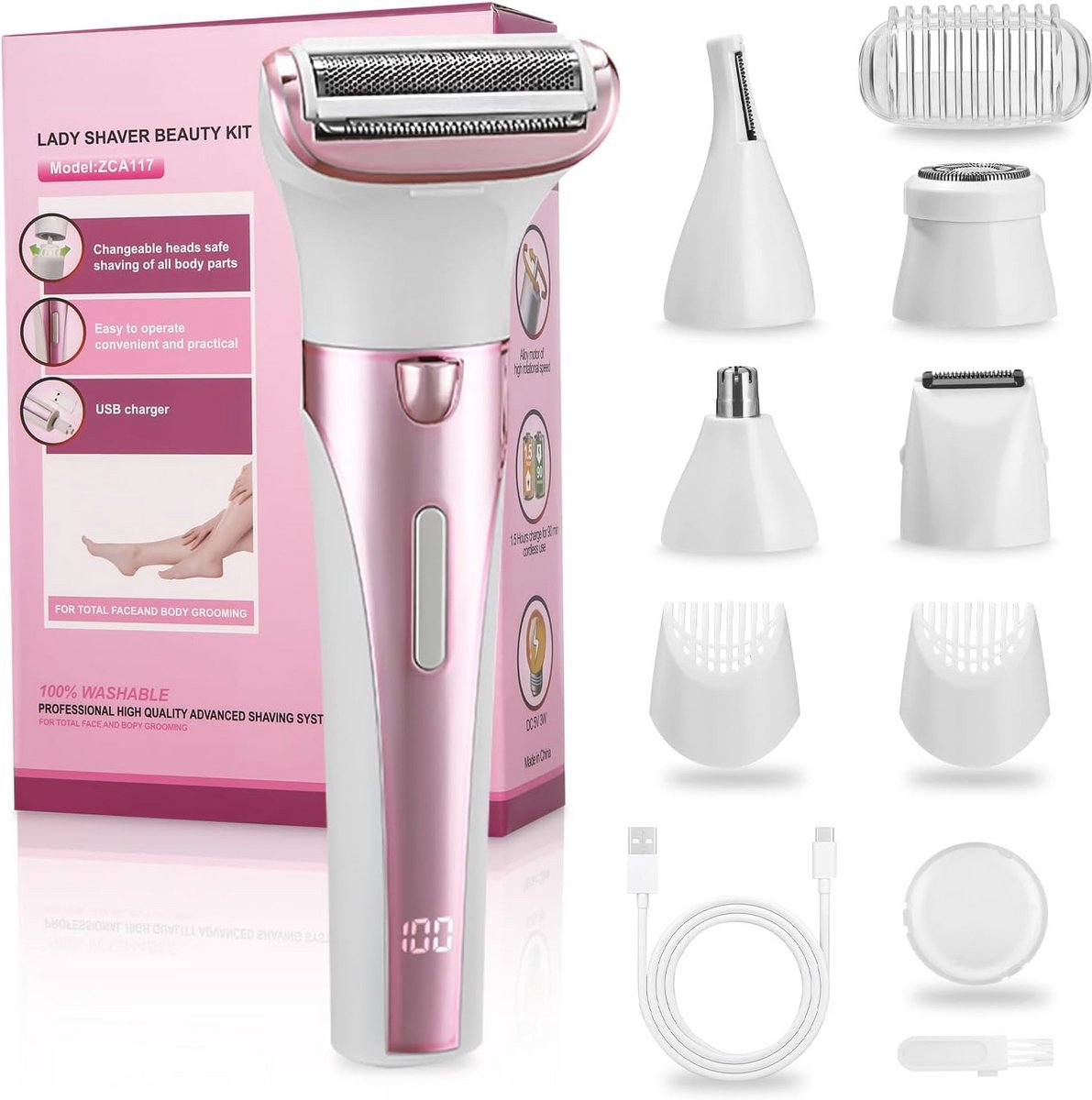 5-in-1 Dames Scheerapparaat met Digitaal Display - USB Oplaadbaar en Wasbaar