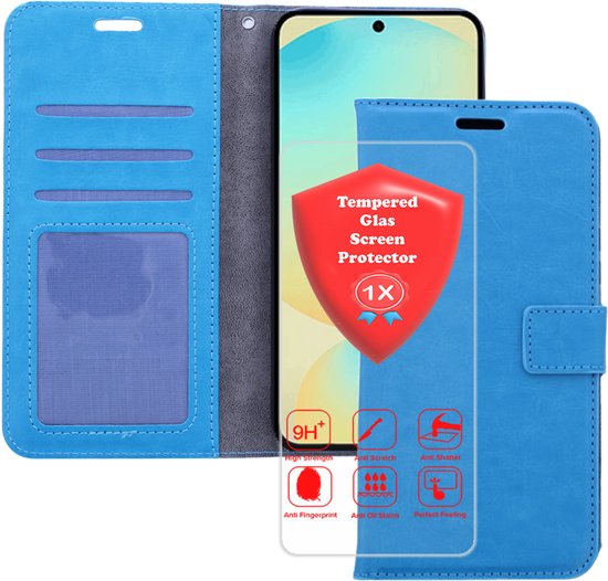 Étui de téléphone turquoise ouvert avec téléphone et protecteur d'écran.